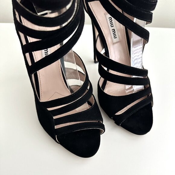 NEW MIU MIU Black Suede Strappy Cutout Ankle Zip Sandals Size 38 (US 8) - Picture 3 of 10